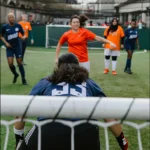 A women's football game is taking place on an outdoor field. Players in orange and blue jerseys are in action. A goalkeeper in a blue jersey stands alert at the net. Other players are positioned around the goal area on both teams. © Powerleague