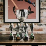 A large silver trophy is centered on a wooden table in front of a brick wall. Four smaller trophies, with globe-like tops and colorful symbols on their bases, are lined up in front of the large trophy. A framed artwork is partially visible on the wall behind. © Powerleague