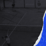 A torn photo of a padel game is shown, where two players on one side are serving while a receiving player is positioned on the other side. The photo's right side is torn, revealing a blue background with partially visible text. © Powerleague