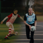 A man in a red and white checkered soccer uniform kicks a soccer ball on a grass field. A woman in a blue and black netball uniform runs while holding a netball on a court. The image depicts both soccer and netball activities. © Powerleague