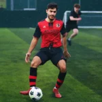 A soccer player in a red and black uniform dribbles a black-and-white soccer ball on a green field. Another player is visible in the background near a goalpost. With light rain falling, it looks like an intense match in one of the local football leagues. © Powerleague